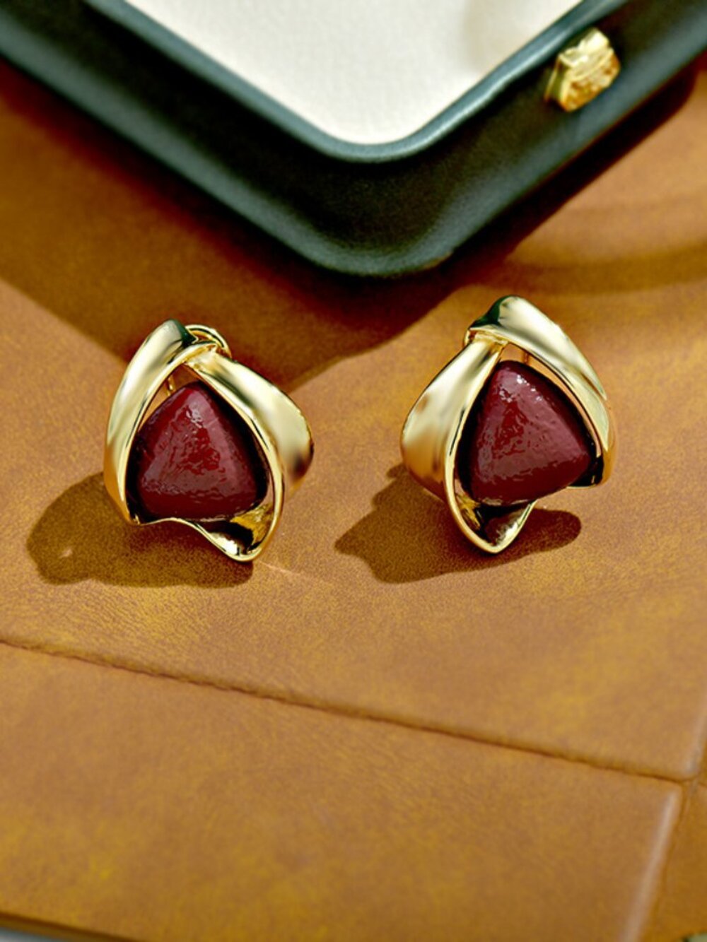 Vintage Gold-tone & Burgundy Gem Stud Earrings